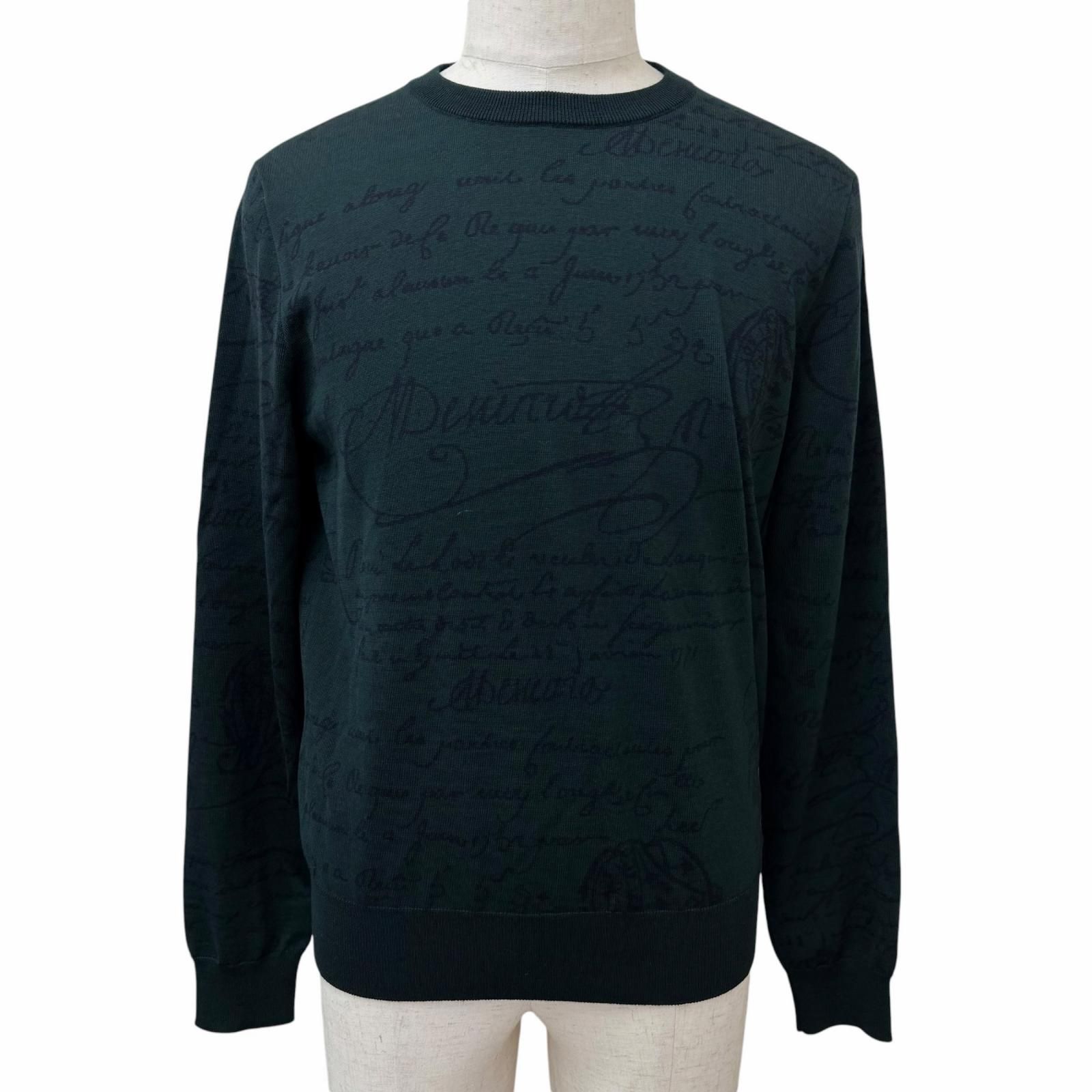 極美品□BERLUTI ベルルッティ ウール100％ カリグラフィ スクリット 総柄 薄手 セーター ダークグリーン M イタリア製 正規品 メンズニット・セーター