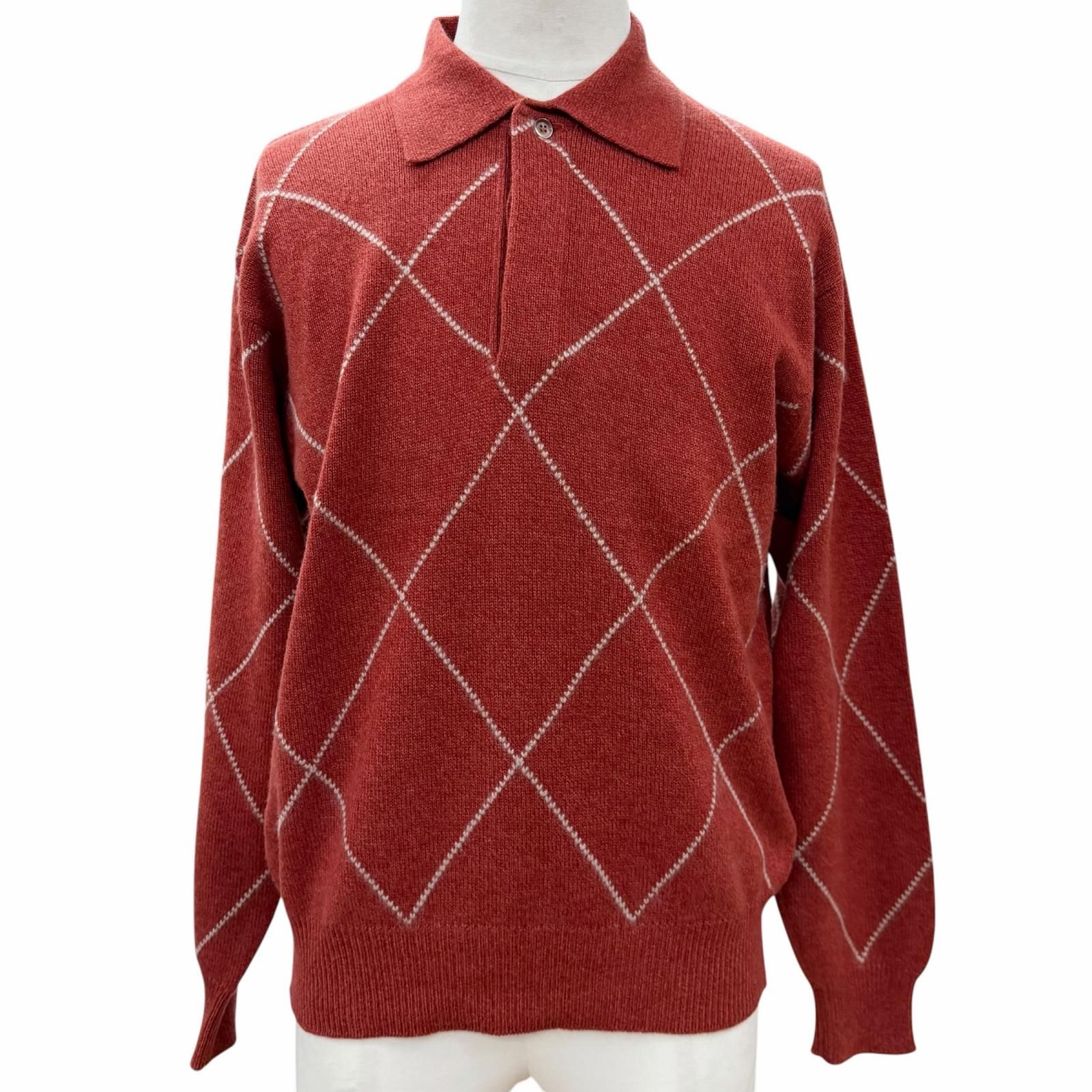 極美品▼Loro Piana ロロピアーナ カシミヤ100% アーガイル柄 プルオーバー ポロニット セーター レッド 46 イタリア製 正規品 メンズ