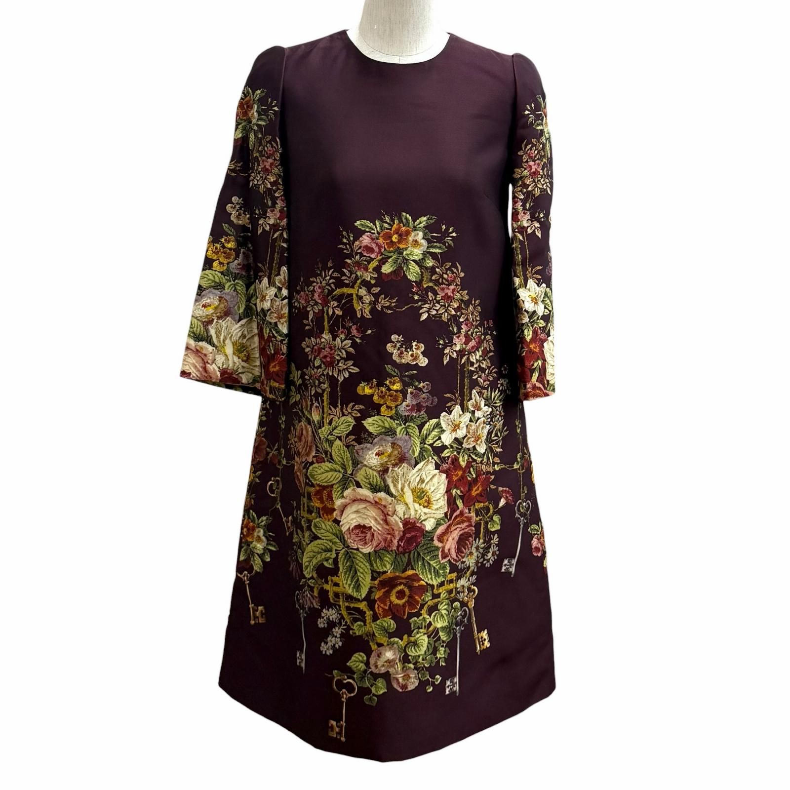 未使用品★DOLCE&GABBANA ドルチェ＆ガッバーナ F6NJ0T シルク ウール混 フローラルプリント 七分袖 ワンピース ボルドー 36 正規品