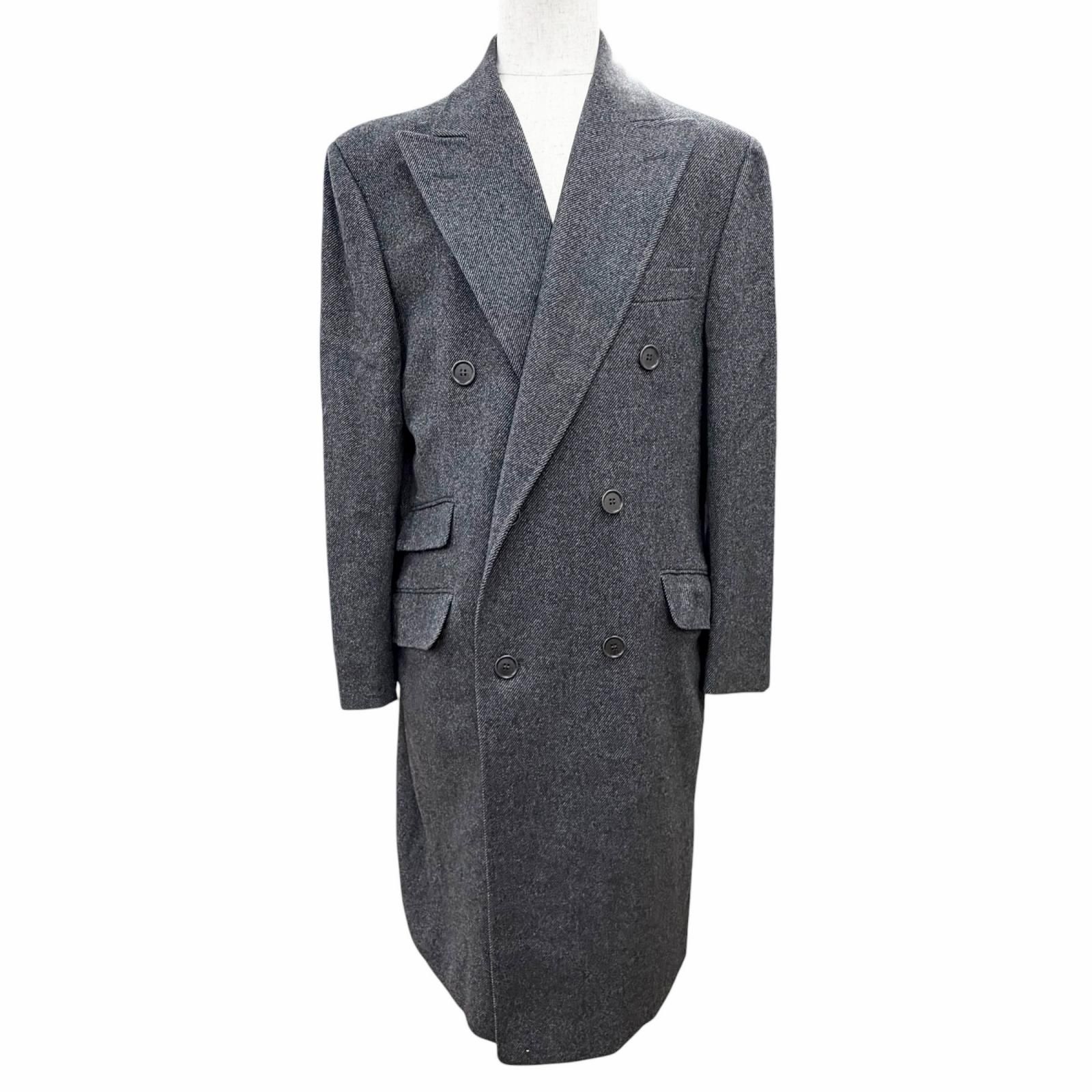 極美品△Salvatore Ferragamo サルヴァトーレフェラガモ ウール カシミヤ ダブルブレスト ロング チェスターコート チャコールグレー 52
