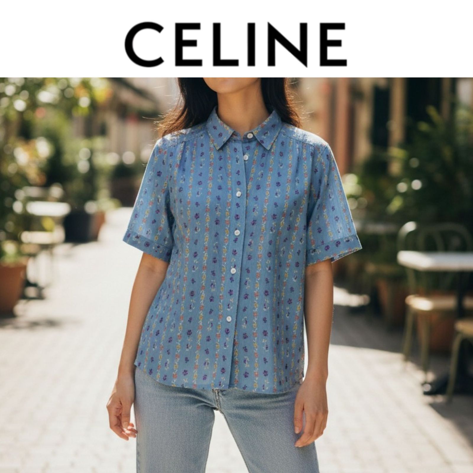 美品 CELINE セリーヌ 花柄 てんとう虫 レディース 半袖ブラウス S ヴィンテージ 水色