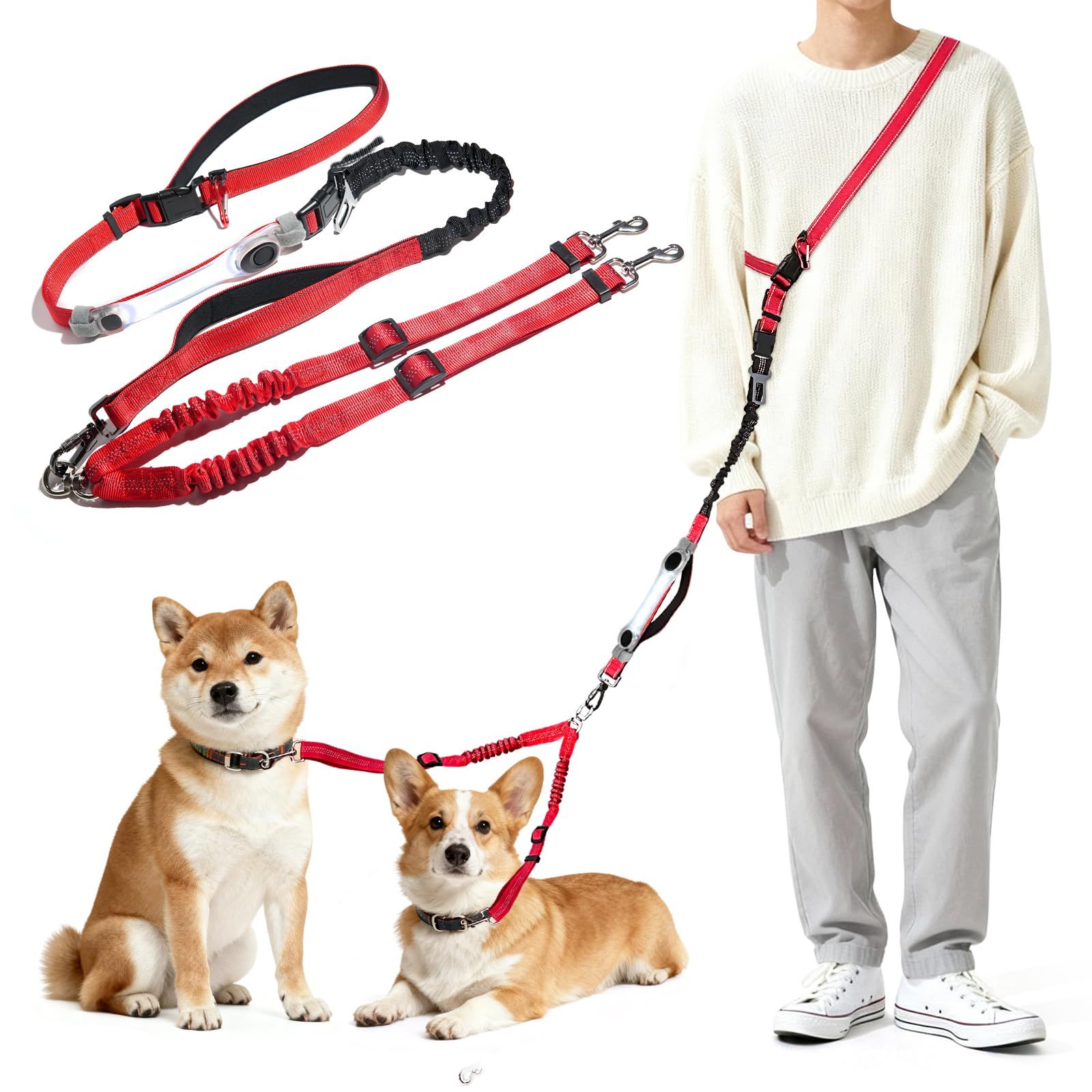 【nagasawa moko】犬用 2頭引き 光るリード 6WAY 多機能 USB充電式 LEDライト付き 2匹対応 多頭飼い ダブル仕様 絡みにくい 高耐久 衝撃吸収 長さ調節可能 夜間散歩 夜間視認性アップ 反射ステッチ 長時間点灯 点滅 d493cbec