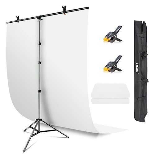 EMART 背景スタンド T字背景スタンドセット150X260cm 撮影スタンド 幅、高さ調節可能 白布 150x200cm 白背景 生放送、web会議、ビデオ通信、動画などに適用 背景紙、クロマキー合成、テレワーク、オンライン授業、宅コス、 bba4183b