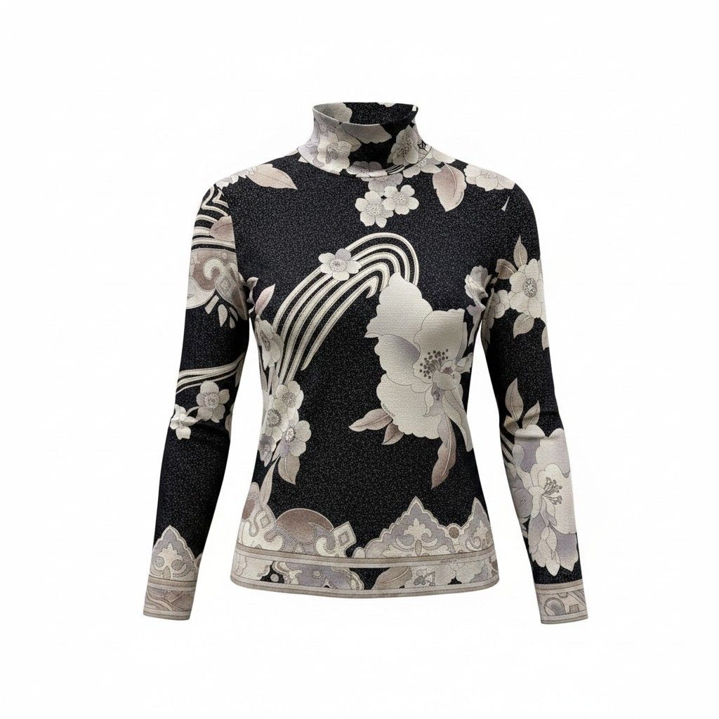 49f17 LEONARD FASHION レオナール ハイネック ロングスリーブカットソー 美しい花柄プリント ラメ糸 ストレッチ サイズM ブラック系 レディース 女性服u02t