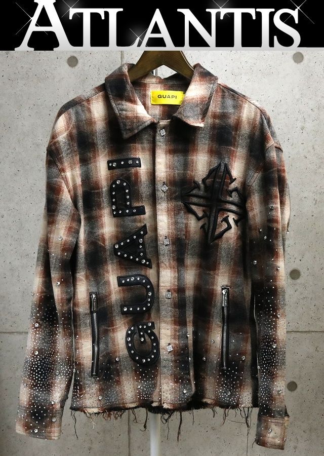GUAPI 銀座店 グアピ ラインストーン フランネルシャツ メンズ 長袖 size:S ブラウン 103579