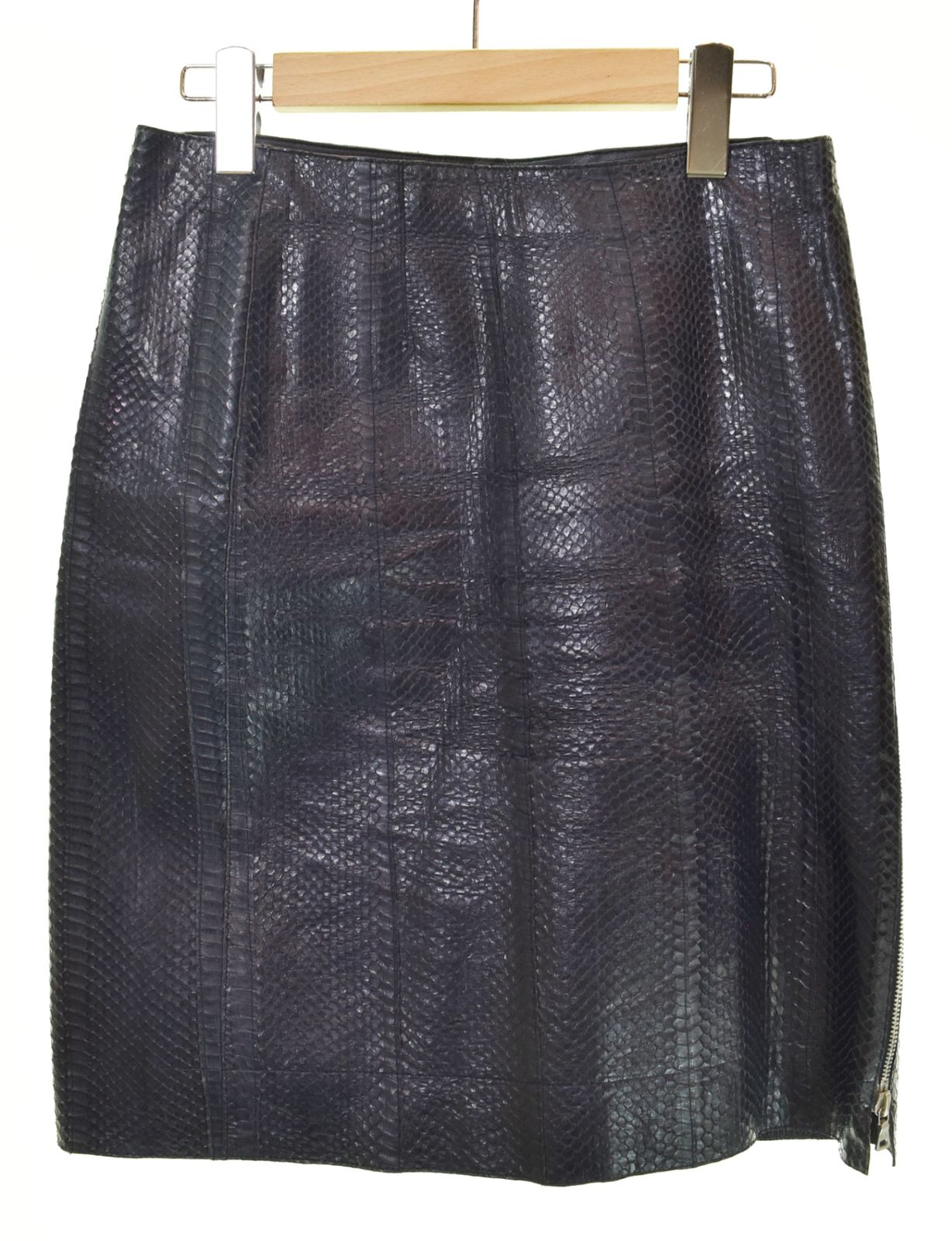 プラダ PRADA 90s イタリア製 Python Leather Skirt 本革 レザー パイソン 蛇柄 スカート 台形 ダブルジップ スカート ネイビー Mサイズ 103LB-31