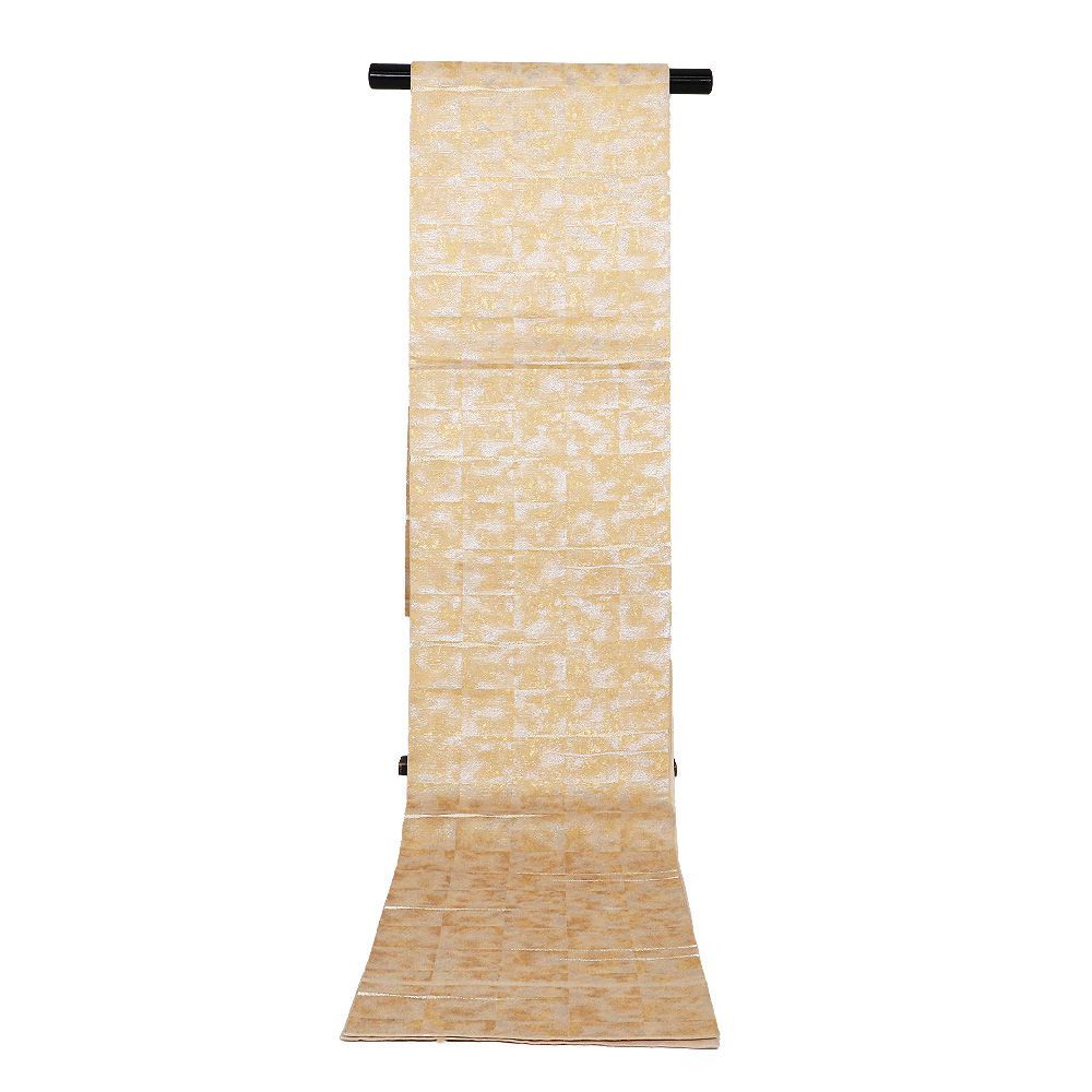 礼装用 紗 袋帯 正絹 ベージュ 金箔 銀箔 格子 縞 Mサイズ F8919 美品 夏帯 盛夏 単衣 レディース シルク ギフト フォーマル 送料無料