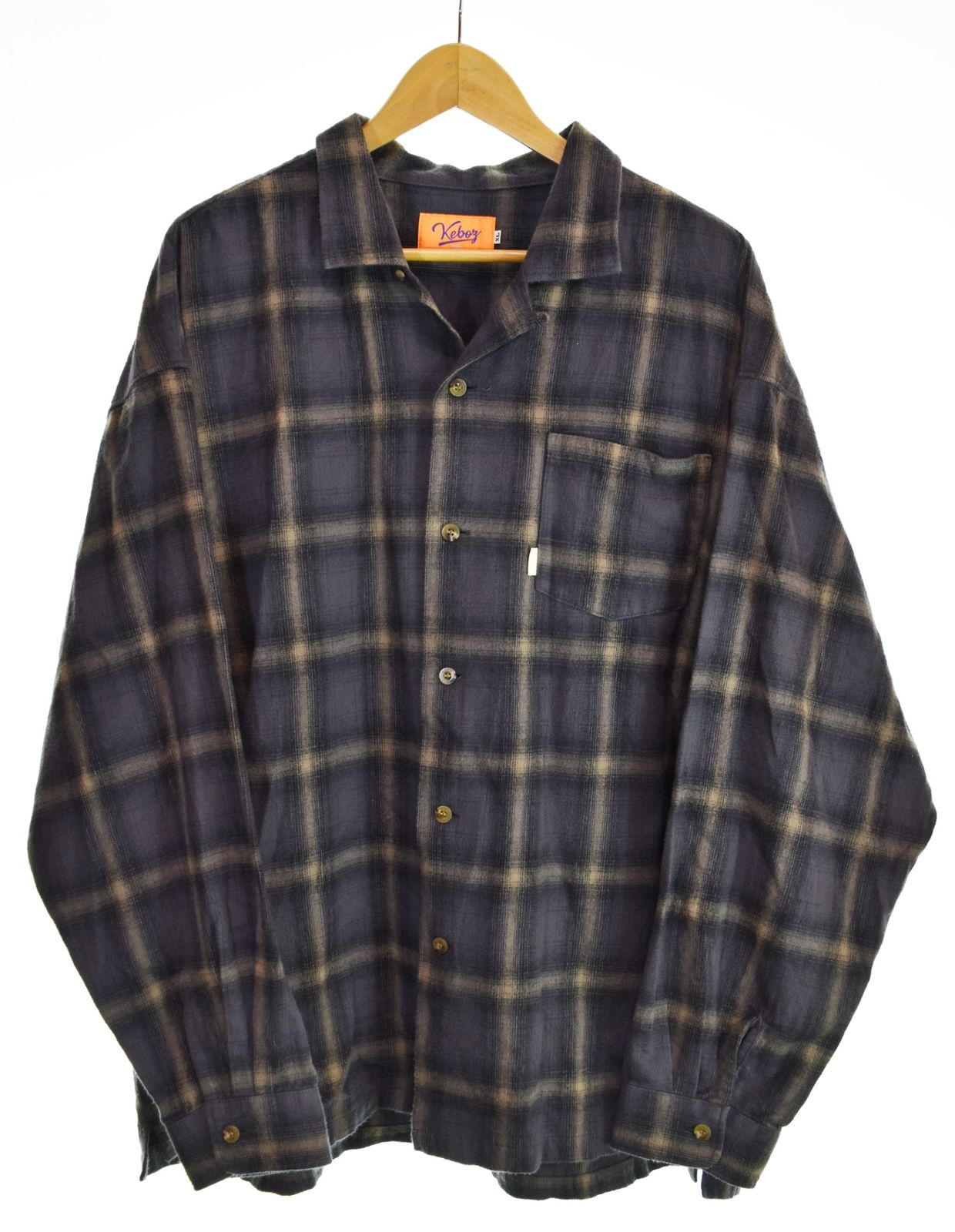 ケボズ KEBOZ OMBRE NEL CHECK SHIRT オンブレ ネルチェックシャツ 開襟 片ポケット XL 長袖シャツ グレー LLサイズ 103MT-4825
