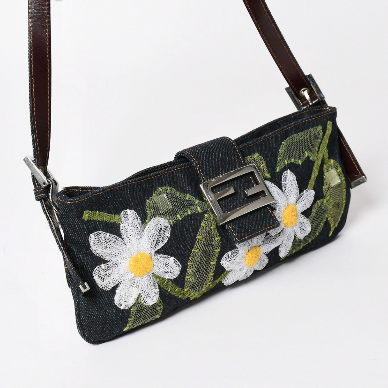 極美品 FENDI フェンディ マンマバケット フラワー デニム Shoulder 