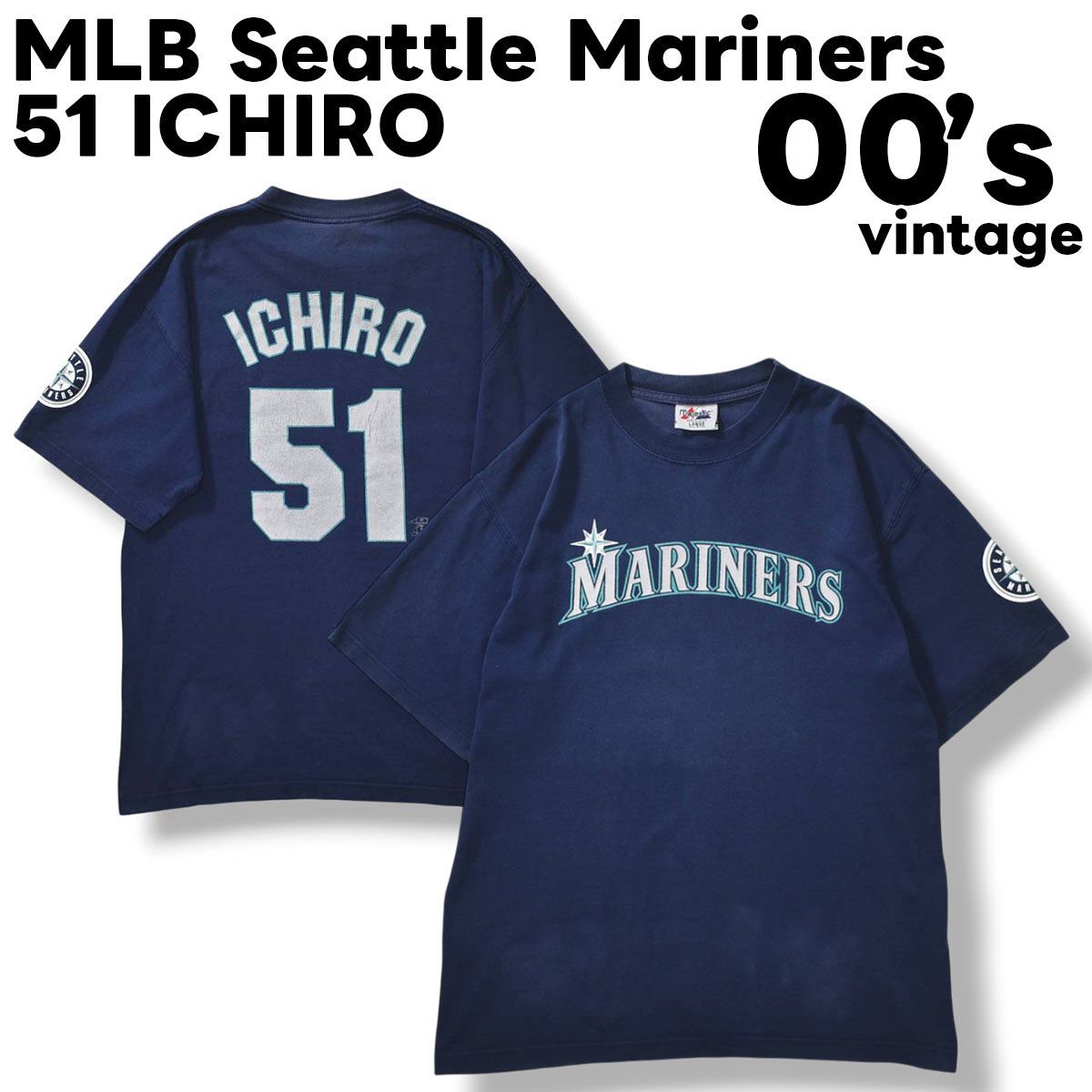 00s ヴィンテージ シアトル マリナーズ Seattle Mariners MLB 背番号 51 イチロー 鈴木一朗 ベースボール プリント Tシャツ マジェスティック MAJESTIC L ネイビー メンズ