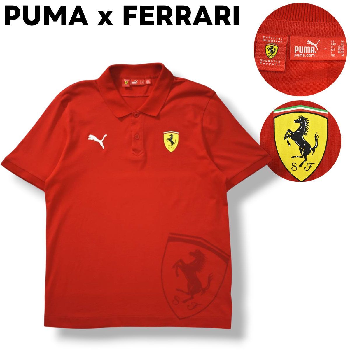 【人気】 プーマ PUMA x フェラーリ FERRARI 半袖 ポロシャツ ロゴ プリント 刺繍 M レッド モーター スポーツ ストリート カジュアル ウェア メンズ