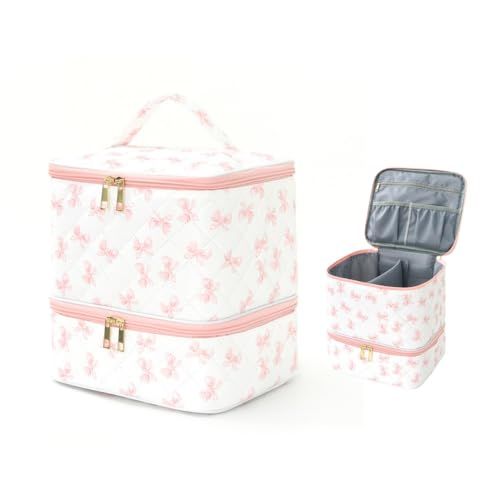 FLORPERRY プロフェッショナル ネイルバッグ ネイル収納ボックス 二層式収納バッグ ポリッシュキャリングケース-ネイルドライヤーランプとボトル 収納可能、マニキュアセット用仕切り付きネイルポリッシュオーガナイザーバッグ (ピンク-ホワ c9d7ecc9