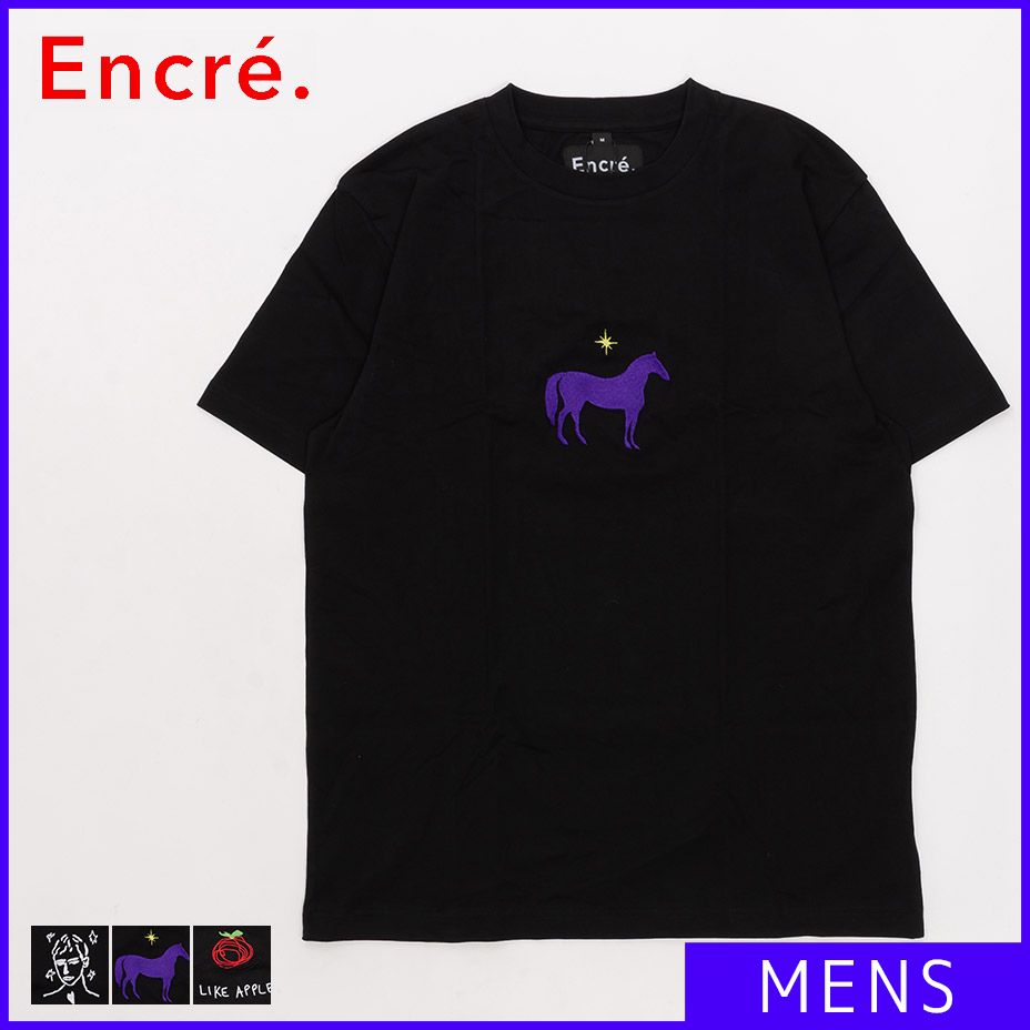 【新品・未使用】 Tシャツ メンズ レディース Encre. アンクレ 半袖 綿100% 刺繍 おしゃれ かわいい 可愛い かっこいい 大きめ オーバーサイズ ワンポイント 8 ブラック 黒 馬 ホース パープル 紫 53263-1-00206-CP