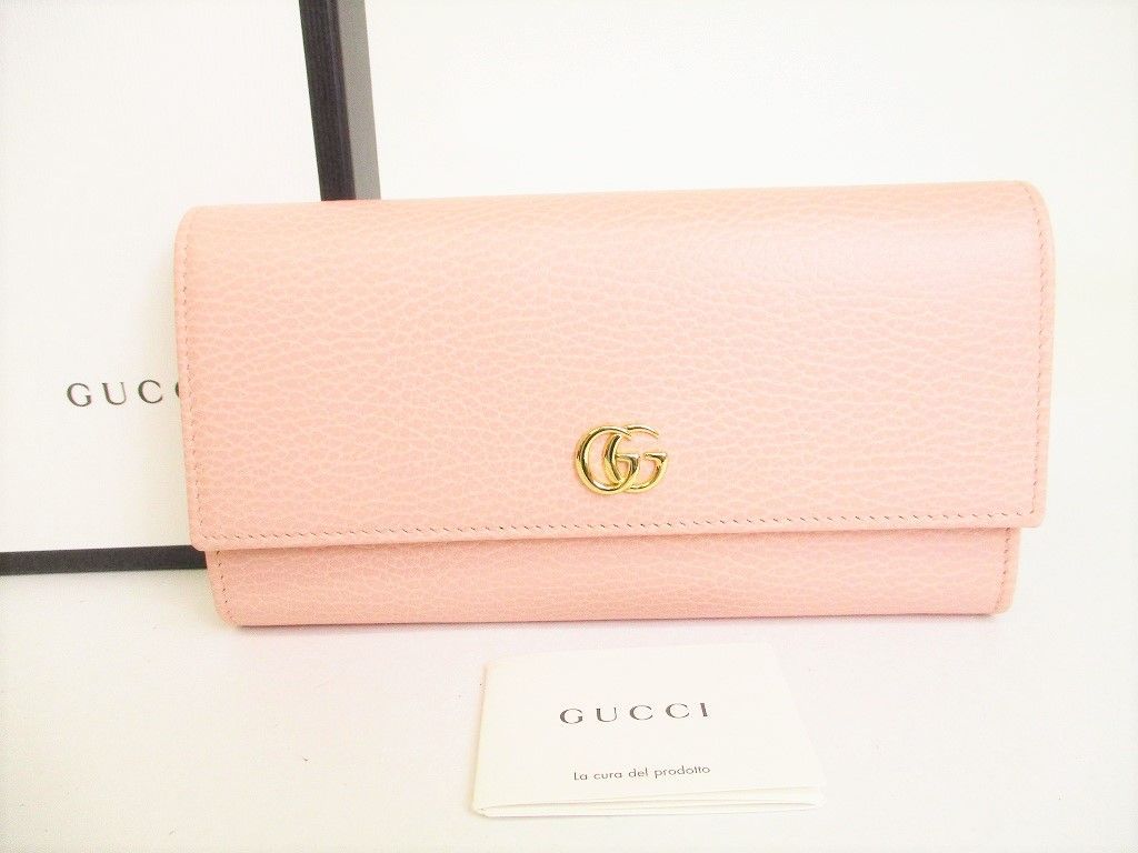 【展示保管品】 グッチ GUCCI GG マーモント レザー 2つ折り 長財布 コンチネンタルウォレット ピンク