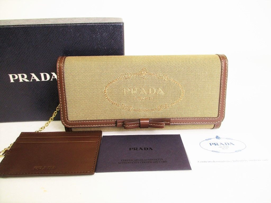 【未使用保管品】 プラダ PRADA ロゴ ジャガード キャンバス×レザー 2つ折り 長財布 インターナショナルウォレット メンズ レディース ベージュ×ブラウン
