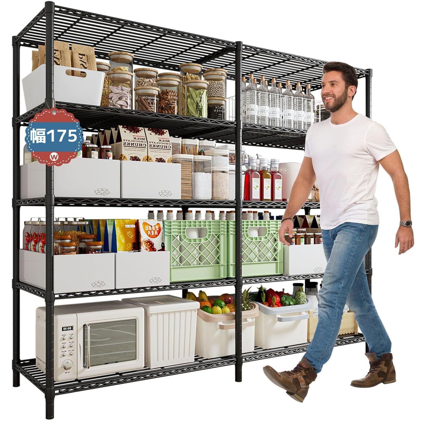 5段スチールラック 棚 収納ラック 幅40×奥行175×高さ184cm ブラック 耐荷重500kg 業務用 シェルフ キッチン収納ｍａ