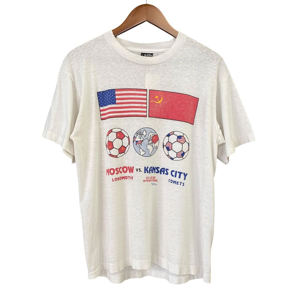 〜90s SCREEN STARS BEST Made in USA アメリカ製 モスクワ カンザスシティ 冷戦 サッカー Tシャツ 白 サイズ L No.S317