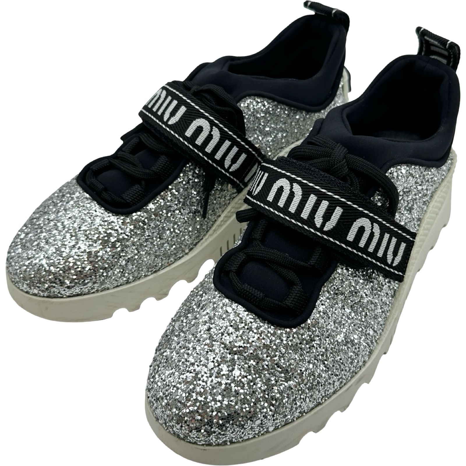 ミュウミュウ miu miu ロゴグリッターローカットスニーカー シルバー グリッター レディース スニーカー