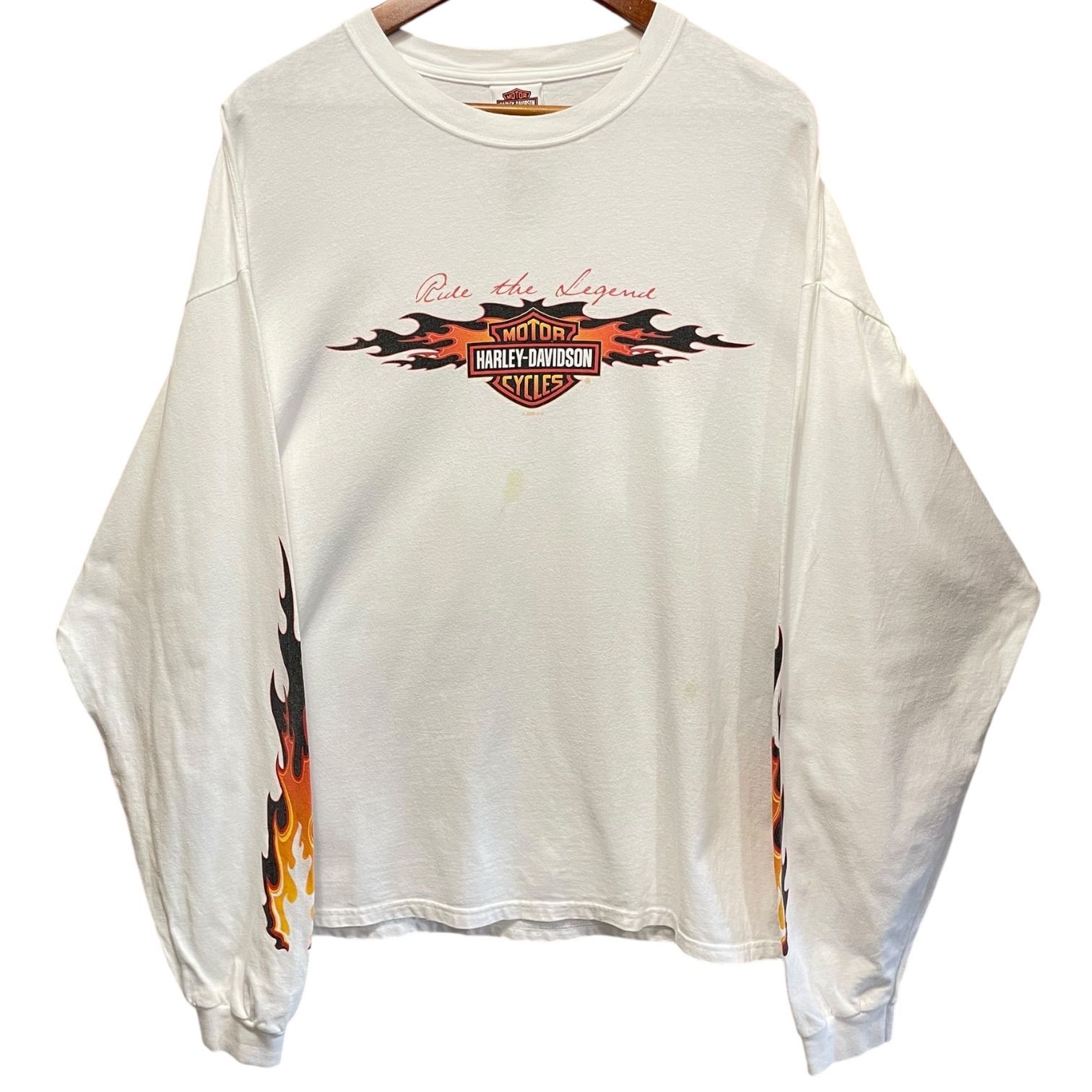 USA製 Harley-Davidson L/S Tee 白 L ハーレーダビッドソン 長袖Tシャツ ロンT フレイムパターン ファイアーパターン