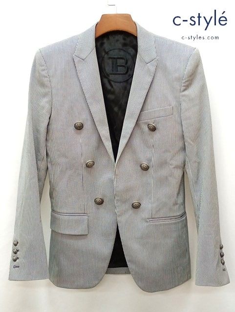 P103 [人気] BALMAIN バルマン テーラードジャケット 44 ブラック×ホワイト ストライプ BH2 JACKET STRIPED 6B | ★