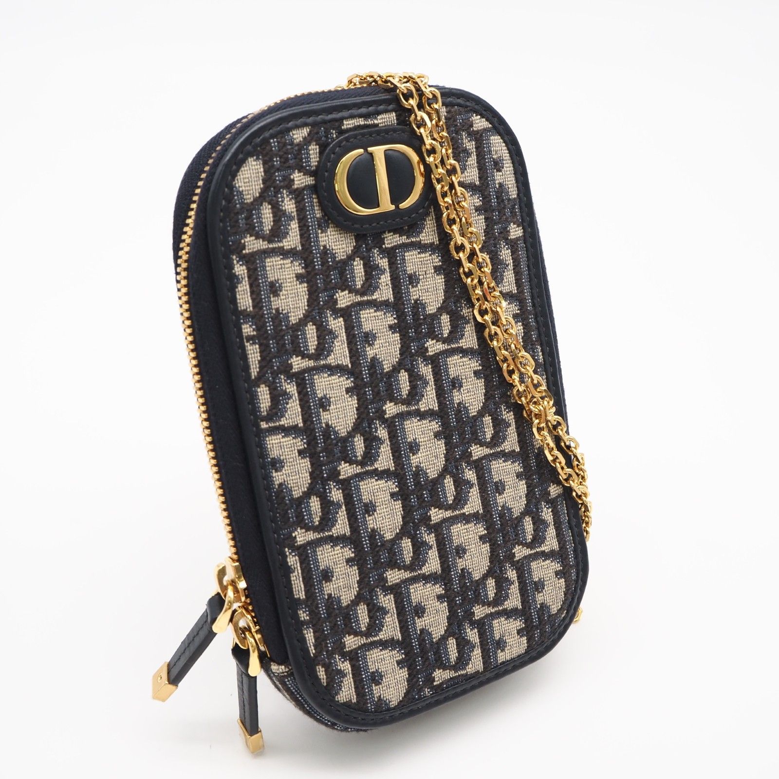 ★3日以内返品可★ 美品 Christian Dior クリスチャンディオール 30 モンテーニュ オブリークキャンバス フォンホルダー S2114UTZQ ショルダーバッグ ネイビー ベージュ キャンバス レザー レディース