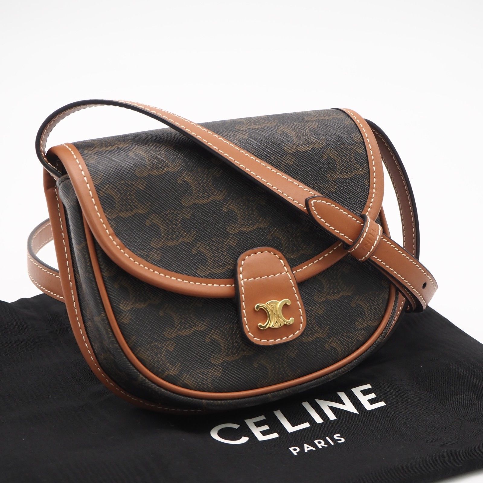 ★3日以内返品可★ 極美品 CELINE セリーヌ トリオンフキャンバス セリーヌ ミニ ブザス 196702BZJ.04LU ショルダーバッグ ブラウン ベージュ コーティングキャンバス レザー レディース