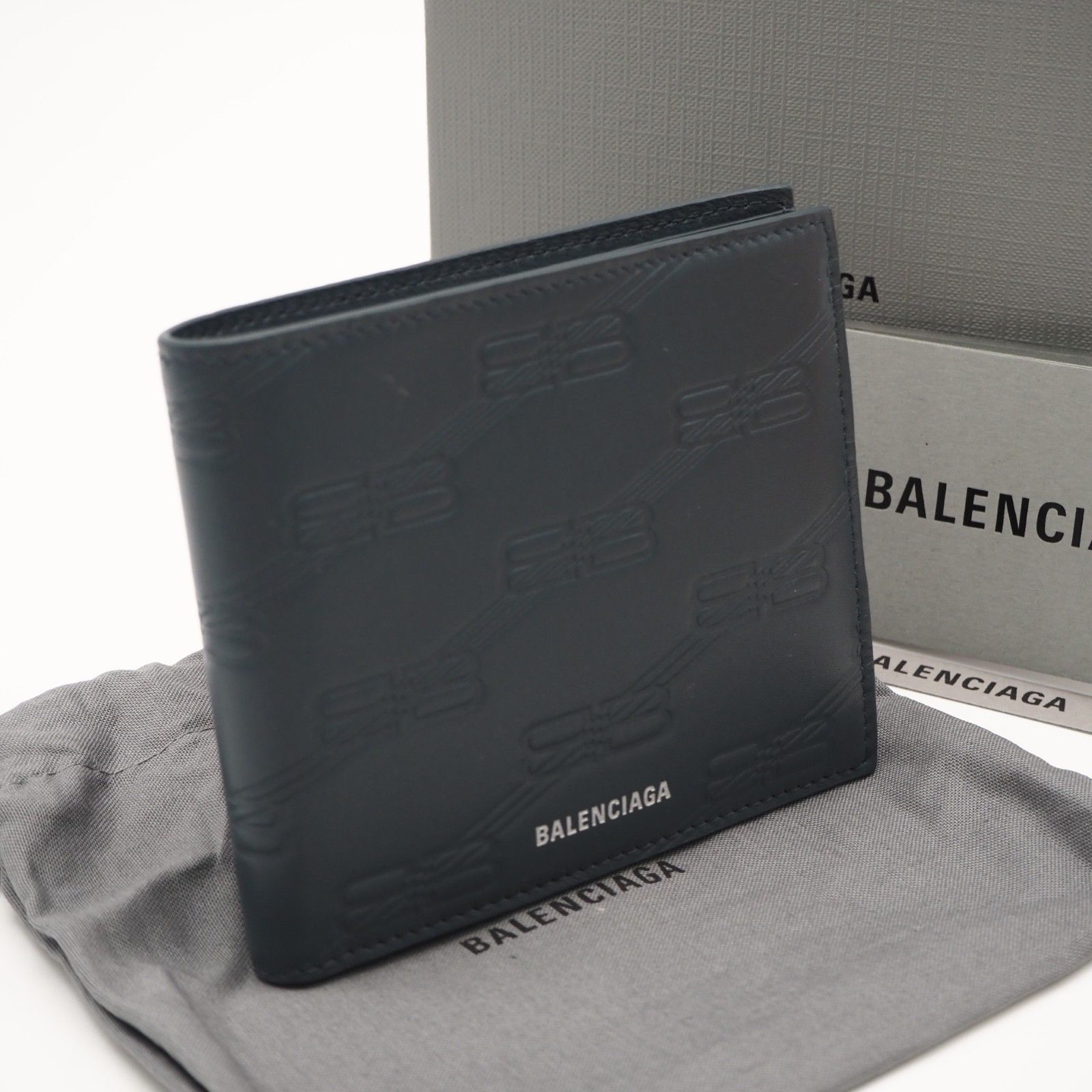 ★3日以内返品可★ 美品 BALENCIAGA バレンシアガ BBモノグラム 二つ折り財布 721940 二つ折り財布 ブルー レザー メンズ