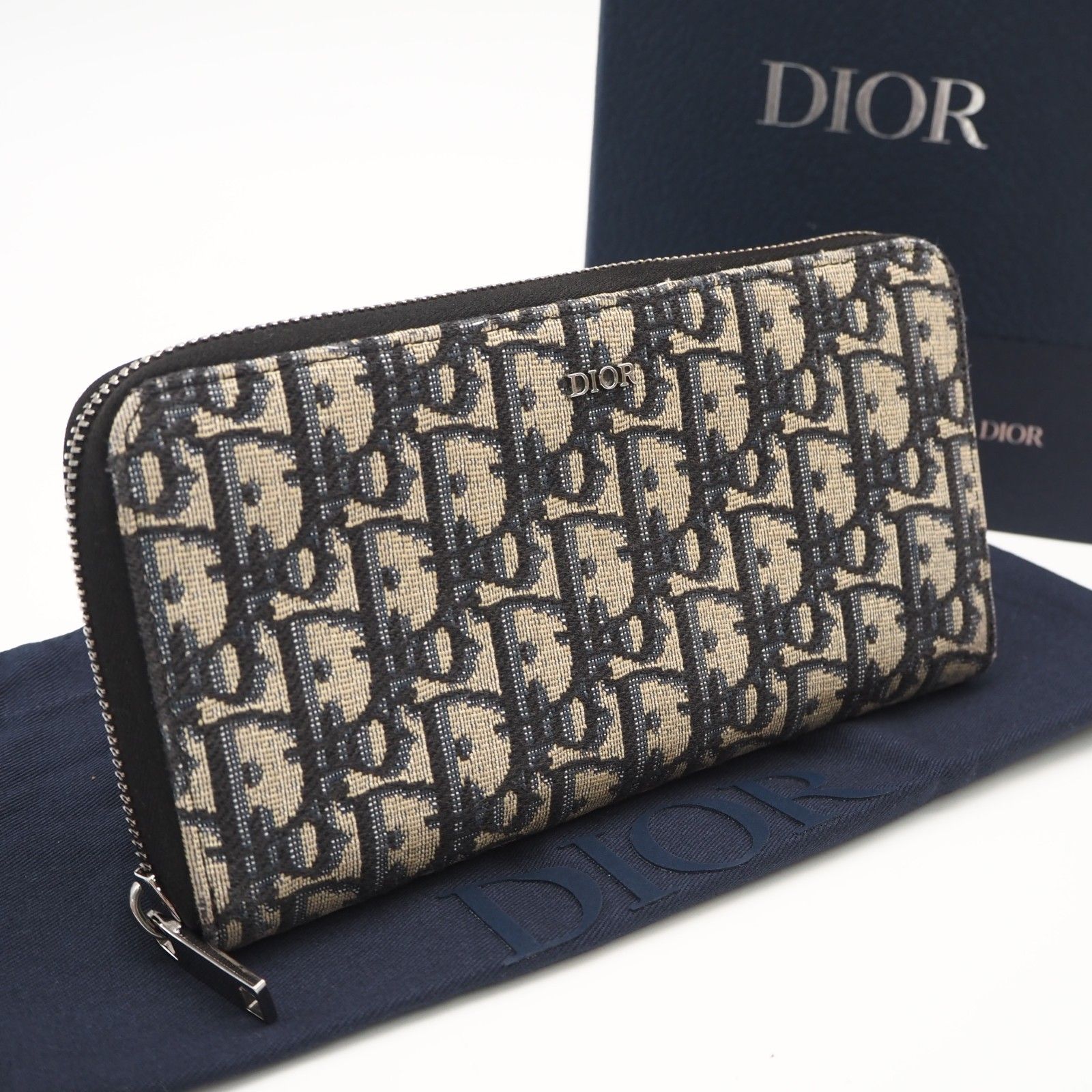 ★3日以内返品可★ Dior ディオール オブリーク ジャカード ロングジップウォレット 2ESBC252YSE 長財布 ネイビー ベージュ キャンバス レザー メンズ