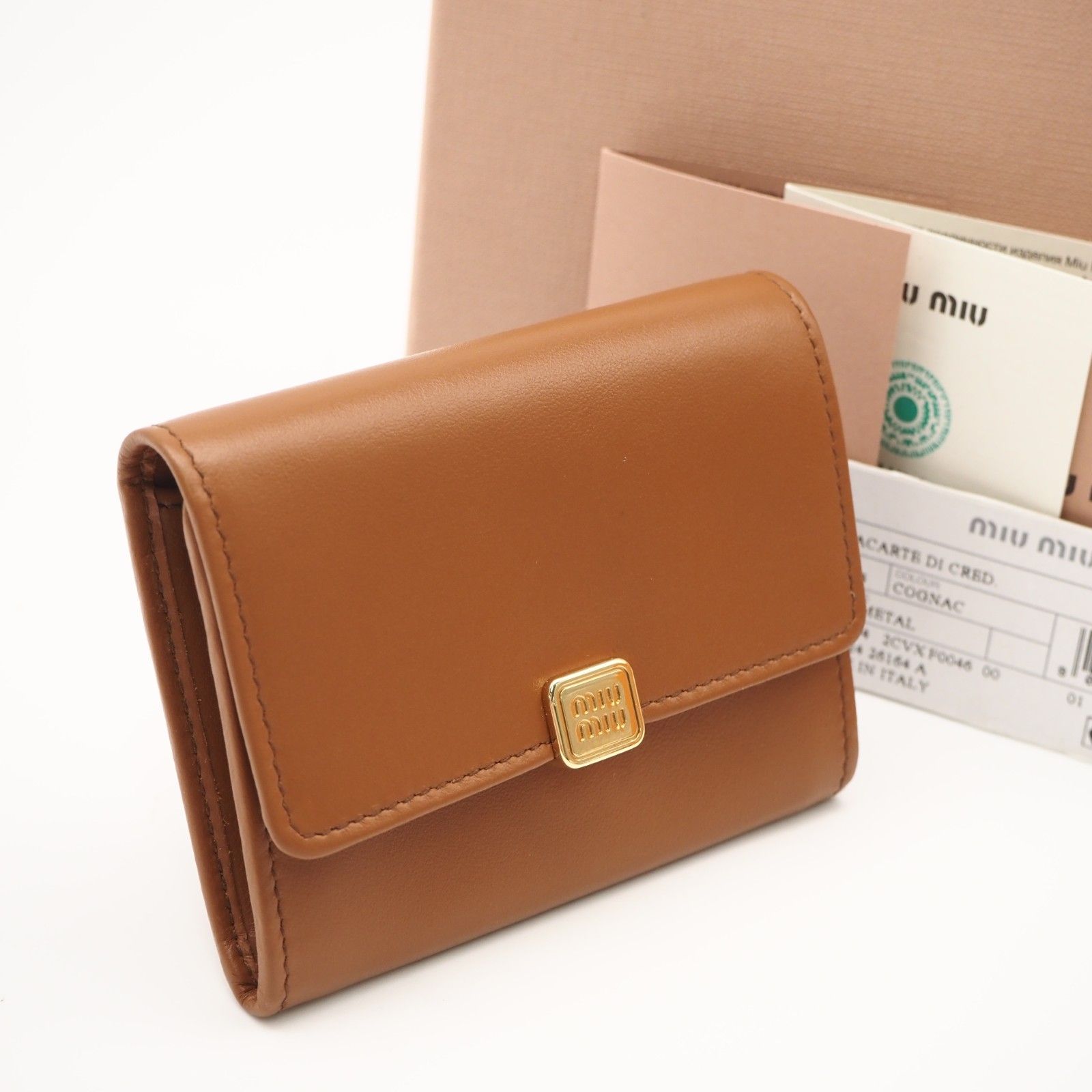 ★3日以内返品可★ 極美品 MIUMIU ミュウミュウ ラムスキン 三つ折り財布 コニャック 5MC104 カードケース ブラウン ラムスキン レディース