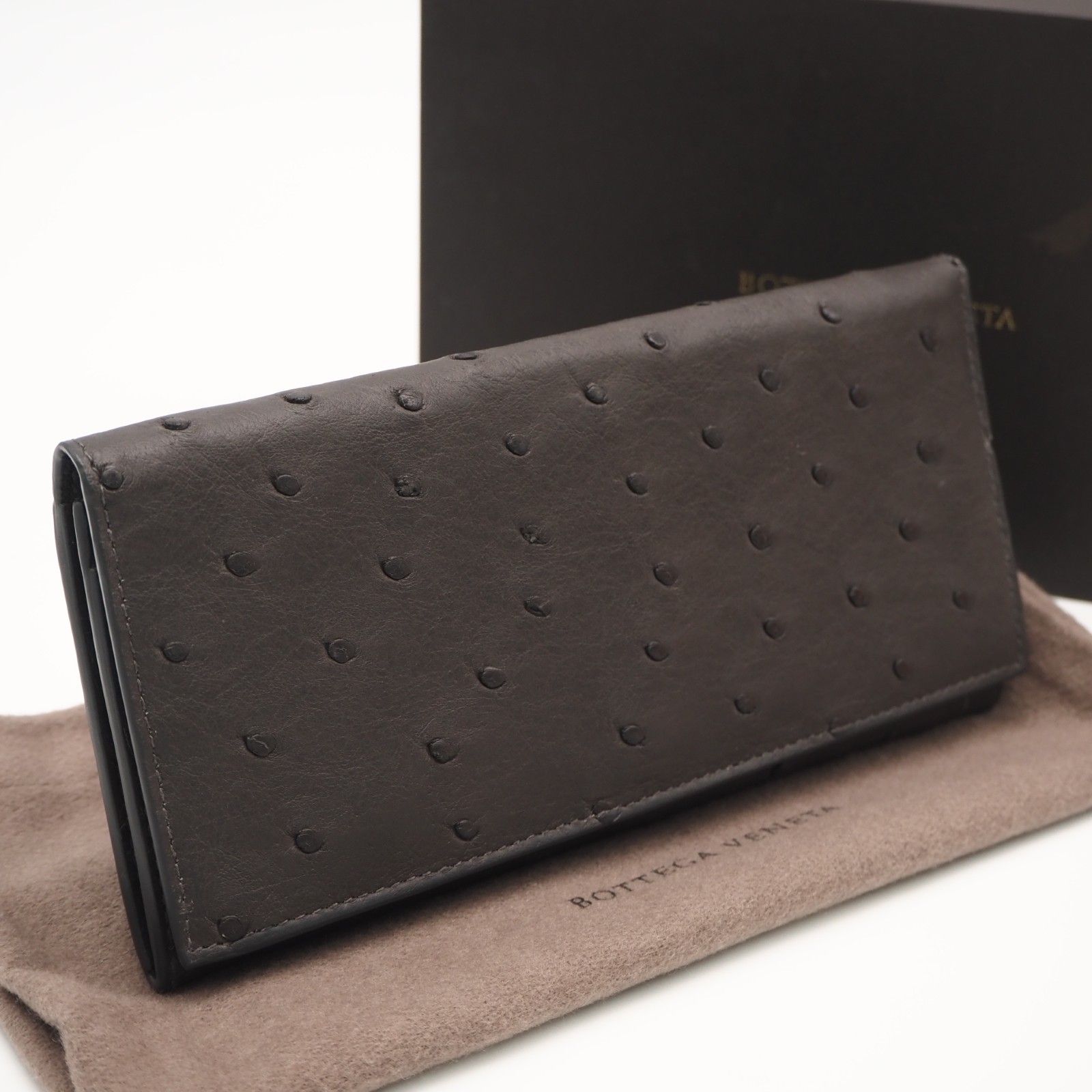 ★3日以内返品可★ 美品 BOTTEGAVENETA ボッテガヴェネタ オーストリッチ レザー ロングウォレット - 長財布 ブラウン オーストリッチ メンズ