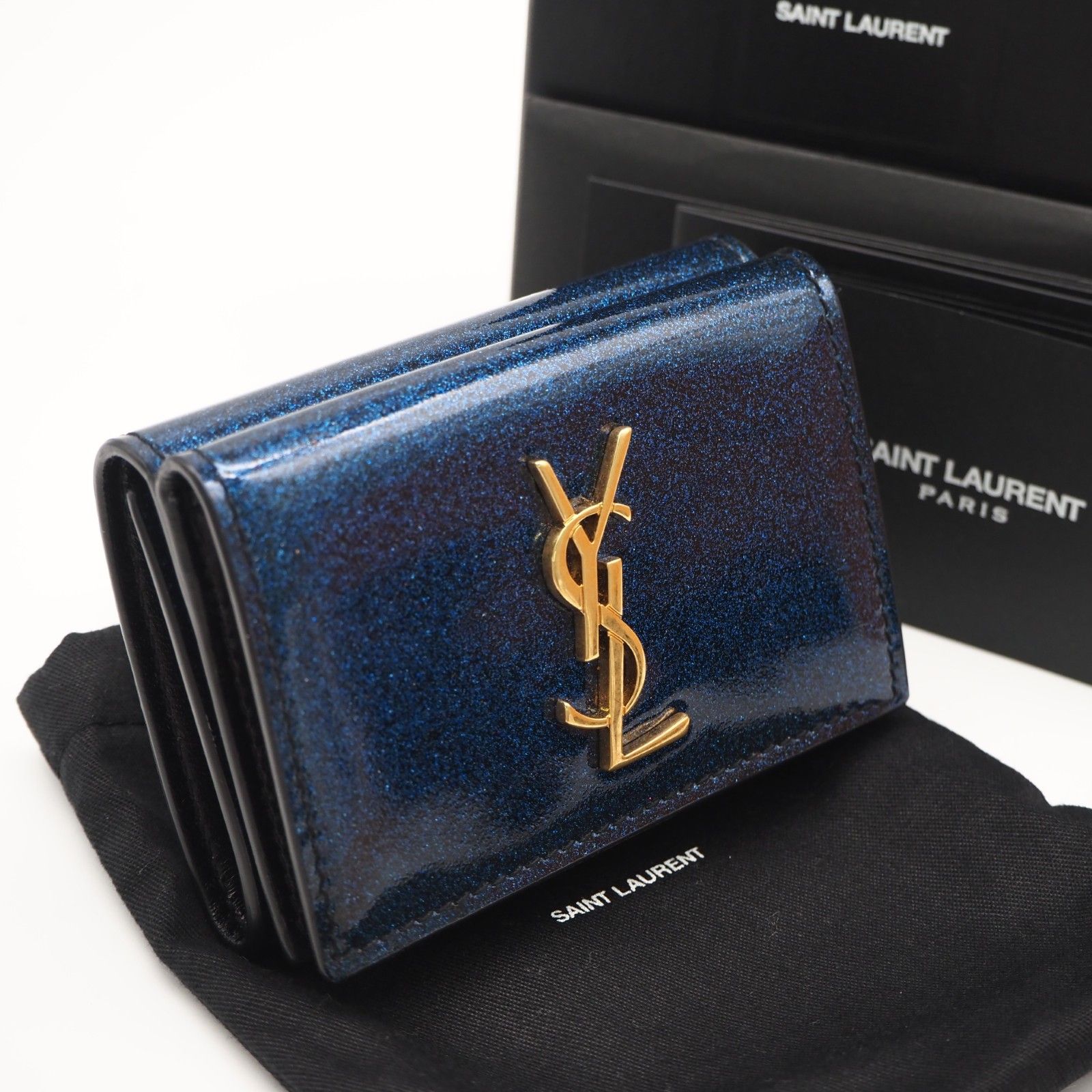 ★3日以内返品可★ 美品 SAINT LAURENT PARIS サンローランパリ パテントレザー コンパクトウォレット ART517378 三つ折り財布 ブルー パテントレザー レディース