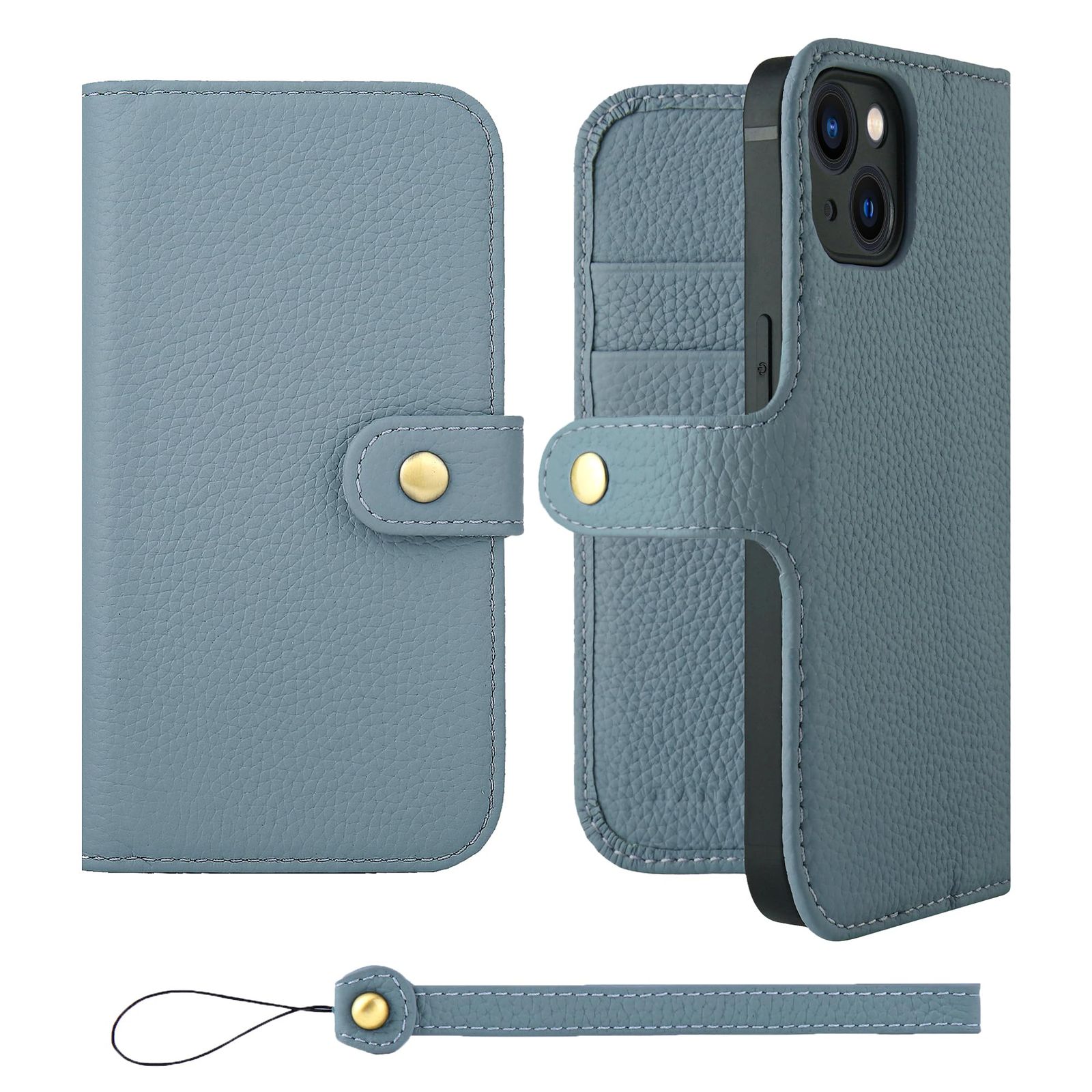 HANATORA for iPhone 14 ケース 手帳型 本革 スマホケース スマホ スタンド ストラップ 付き シュリンクカーフレザー ベルトあり マグネットなし ブルーグレー H0XB-14-BlueGray ギフト 誕生日 女性 男性 彼女 お母さん