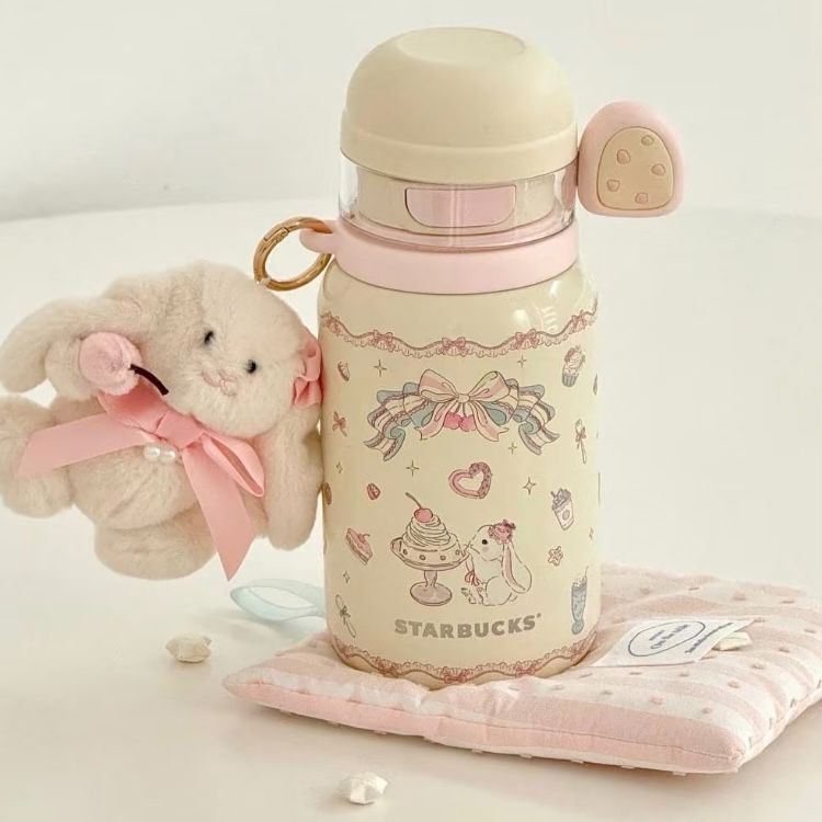 【即納】海外限定 中国限定 Starbucks 夏日甜品派対シリーズ 545ml ステンレス ダブル飲み口ボトル 小兔チャーム付き ストロー付き タンブラー