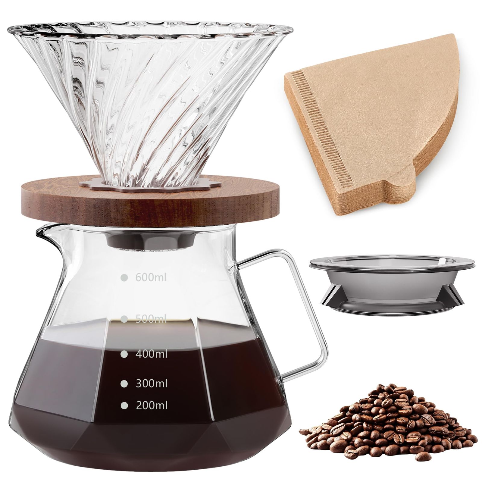 コーヒーサーバー 耐熱ガラス 木製ホルダー ドリッパー 600ml 目盛付き 2~4人用 ドリップ器具 電子レンジ可 V60 ハンドドリップセット カラフェ 喫茶店 カフェ*vj 1c84bd9d