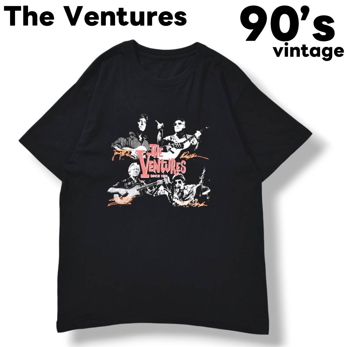 【希少】 90s ヴィンテージ ザ ベンチャーズ The Ventures メンバー フォト プリント ロック バンド Tシャツ シングルステッチ クルーネック カットソー L相当 ブラック メンズ