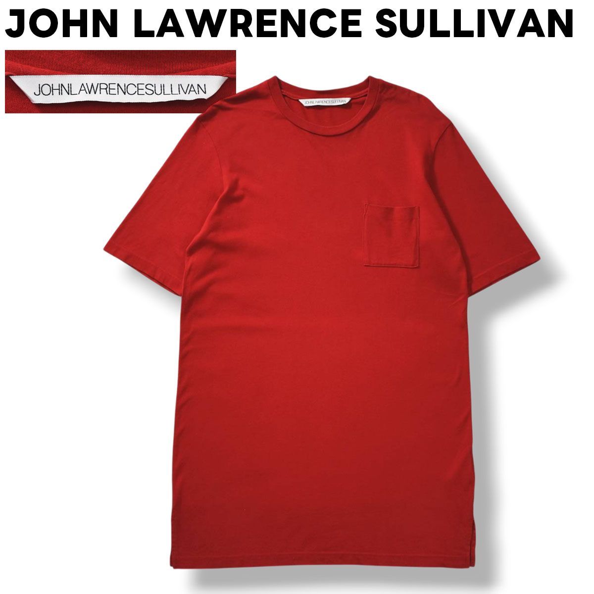 【美品】 日本製 16SS ジョンローレンスサリバン JOHN LAWRENCE SULLIVAN 5A023 16－42 ロング ポケット Tシャツ クルーネック カットソー サイドスリット プレーン 無地 M レッド メンズ