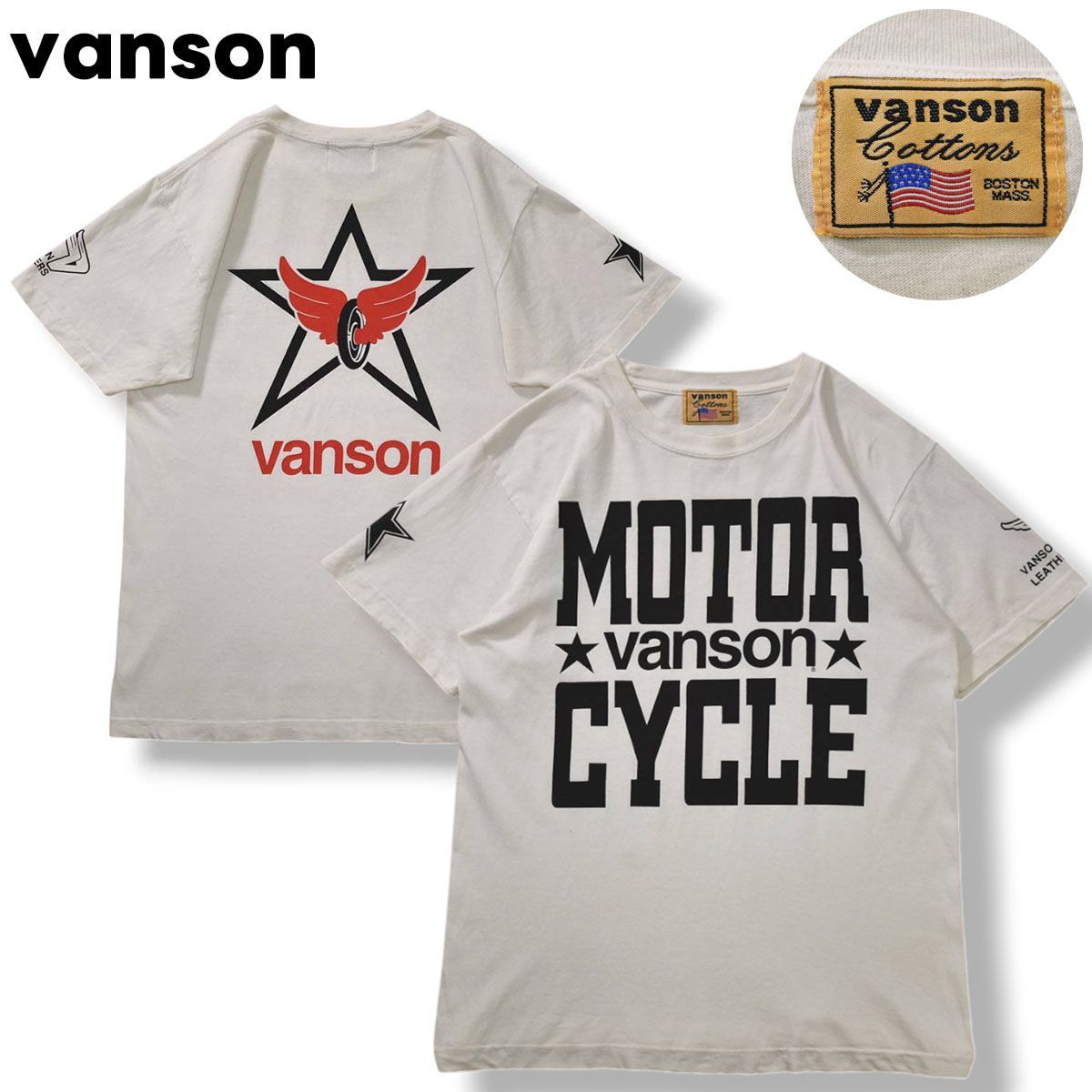【定番】 バンソン vanson モーター サイクル ロゴ プリント Tシャツ クルーネック カットソー S相当 ホワイト アメリカン カジュアル バイカー ストリート メンズ
