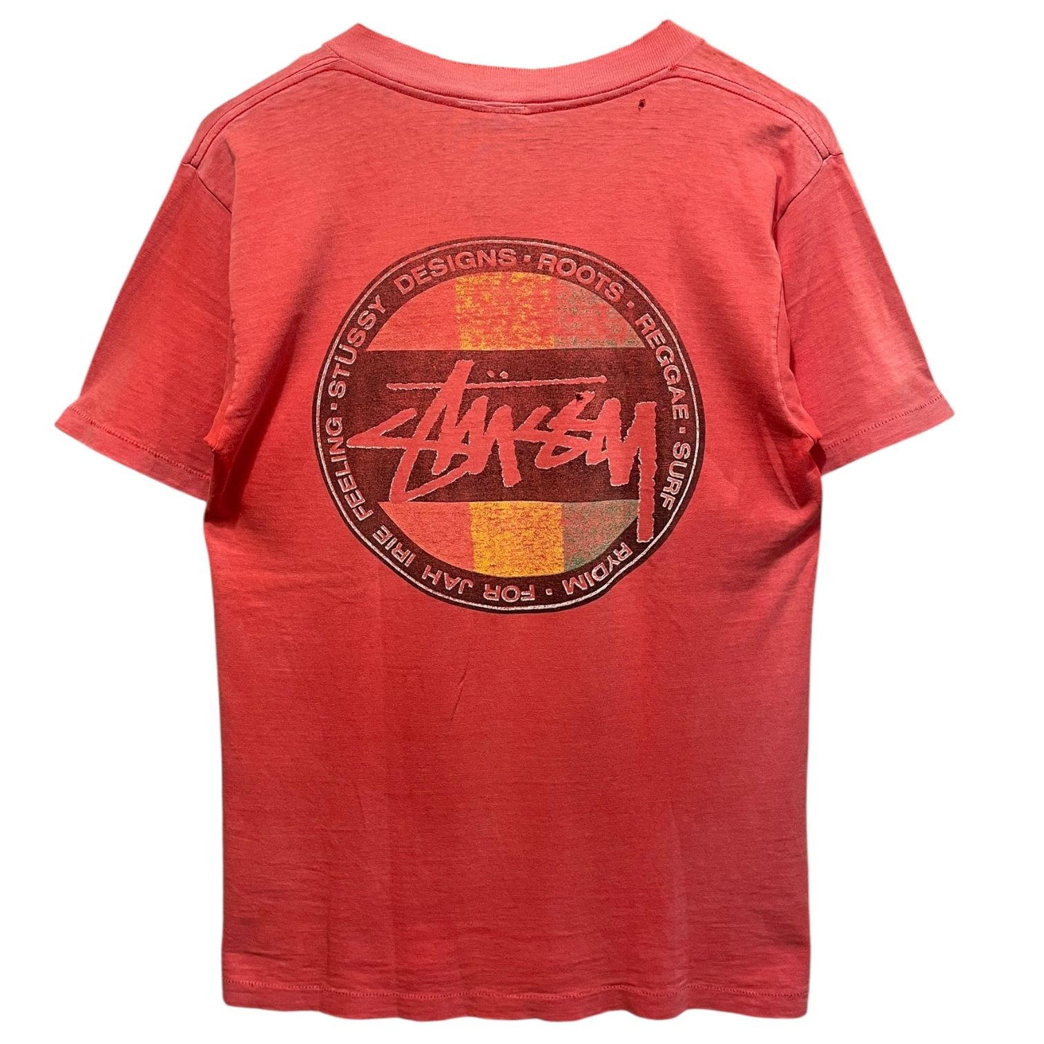 80s STUSSY “襤褸” S/S Tee 赤 M相当 ステューシー Tシャツ フェード サテン黒タグ