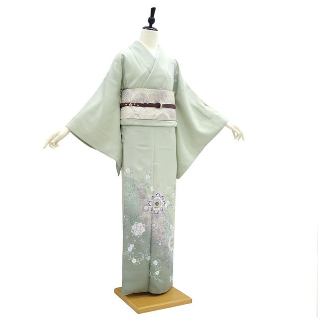 中古】 訪問着 着物 正絹 袷 作家物 螺鈿 銀彩加工 柳鼠色 ぼかし 華文