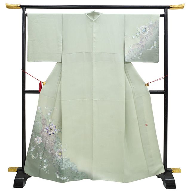 中古】 訪問着 着物 正絹 袷 作家物 螺鈿 銀彩加工 柳鼠色 ぼかし 華文