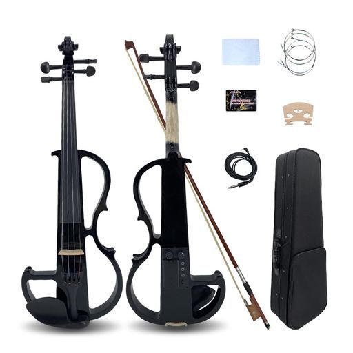Yinfente電動バイオリン4/4フルサイズ静音4弦学生初級バイオリン、烏木部品、ケース付き、弓、肩枕、有線イヤホン(ブラック)