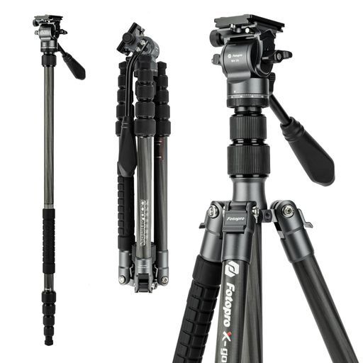Fotopro152cmカーボンファイバー製旅行用三脚、コンパクトカメラ三脚、フルイドヘッド付き、取り外し可能なモノポッド、クイックリリースプレートと