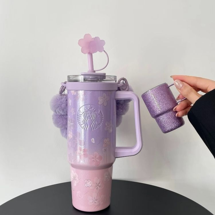 【即納】海外限定 中国限定 Starbucks 星巴克 暮桜翩翩シリーズ 紫 900ml ステンレス保温タンブラー ダブル飲み口 ストロー付き ふわふわハンドル ミニカップ付き