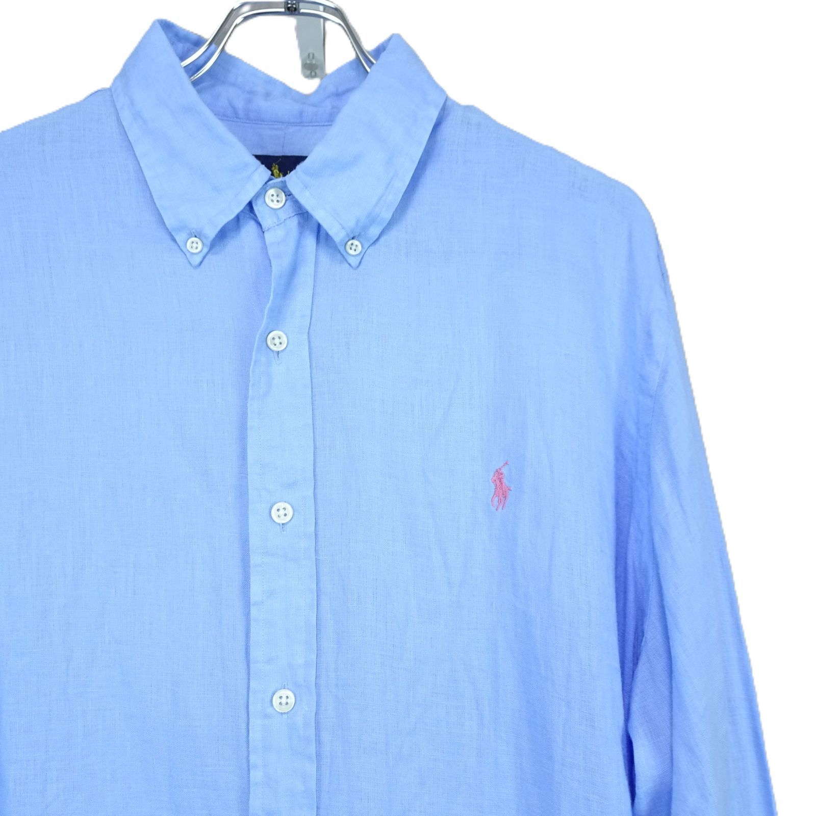 (165) 美品 ラルフローレン リネン長袖シャツ XL XXL相当 水色 Ralph Lauren 輸入古着 ポロ 刺繍ロゴ 麻100% ライトブルー オーバーサイズ ビッグサイズ 無地 胸ロゴ リネンシャツ カジュアルシャツ 海外古着