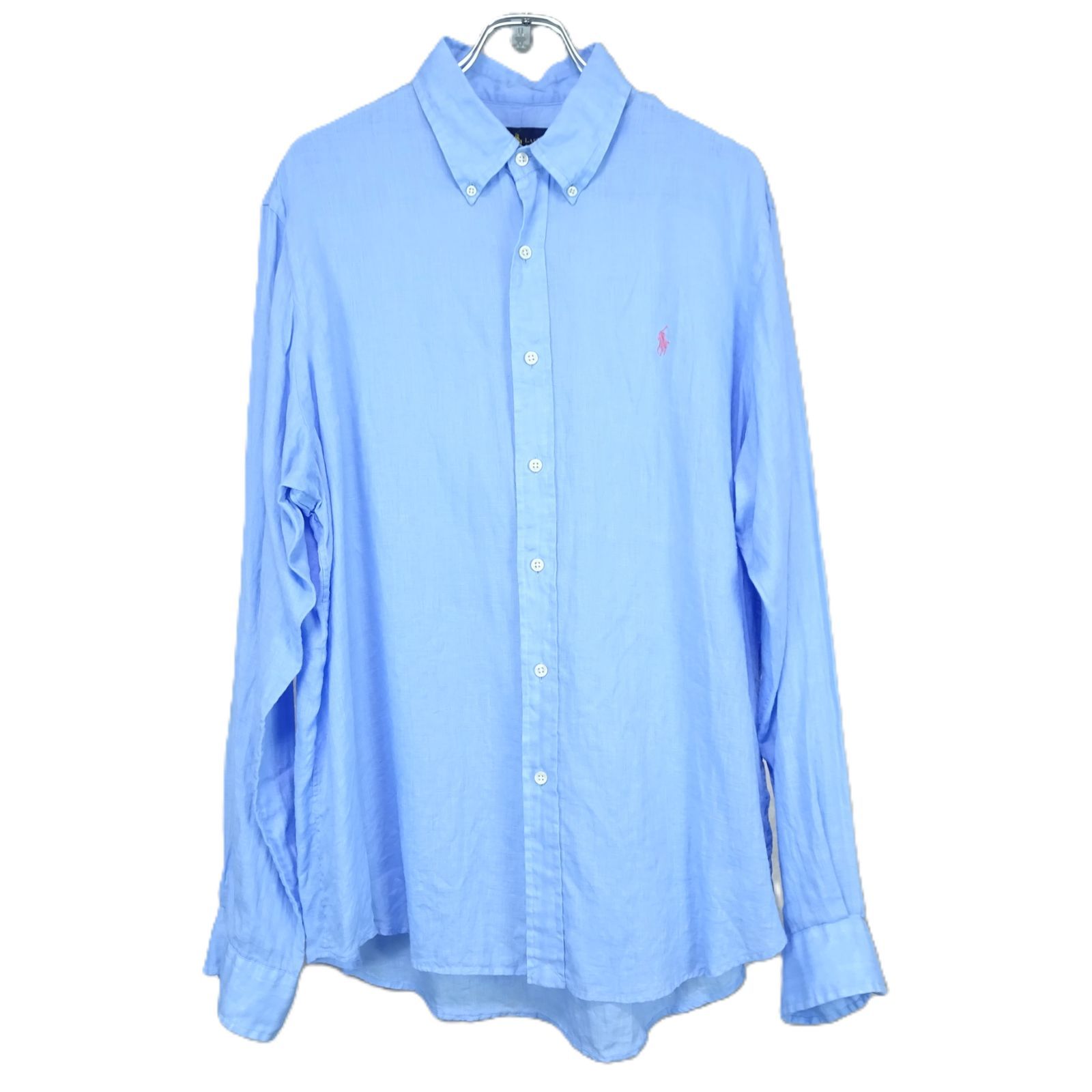 165) 美品 ラルフローレン リネン長袖シャツ XL XXL相当 水色 Ralph 