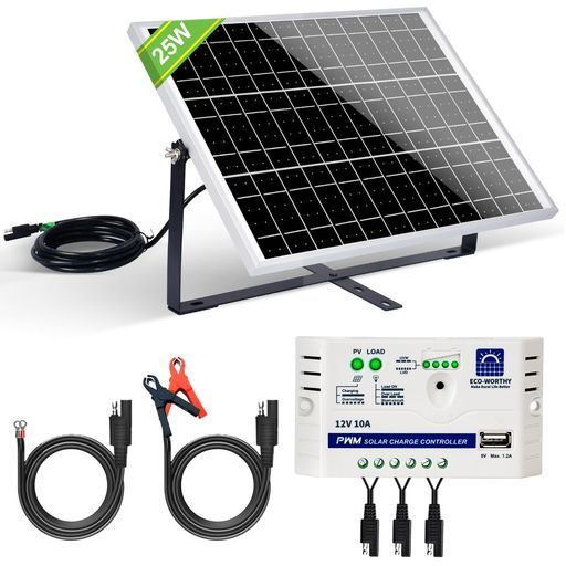 ECO-WORTHY単結晶12Vソーラーパネル25W+10AチャージーコントローラーSAE調整可能な取り付けブラケット!太陽光チャージ変換効率21.5%超高効率!省エネルギー小型車、船舶、屋根、ベランダーに設置