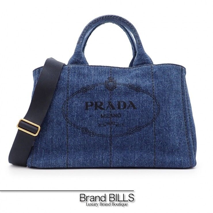 未使用品 PRADA プラダ カナパ M トートバッグ ハンドバッグ ショルダーバッグ 2way B2642B デニム ブルー ゴールド金具 レディース