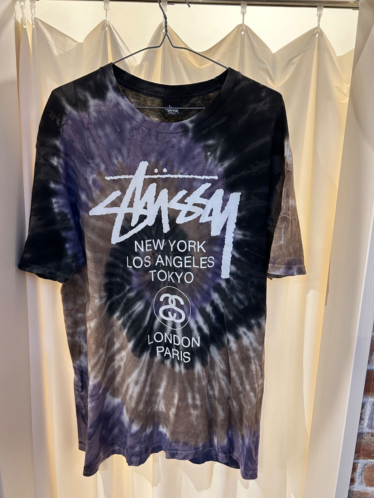 A-1988 Stussy ステューシー ワールドツアー ロゴTシャツ プリントT Tシャツ タイダイ パープル系 サイズL