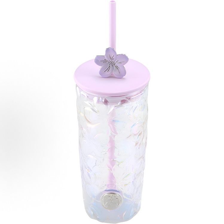 【即納】海外限定 中国限定 Starbucks 星巴克 暮桜翩翩シリーズ 575ml 浮き彫り桜花 ガラスストローカップ ストロークリップ付き