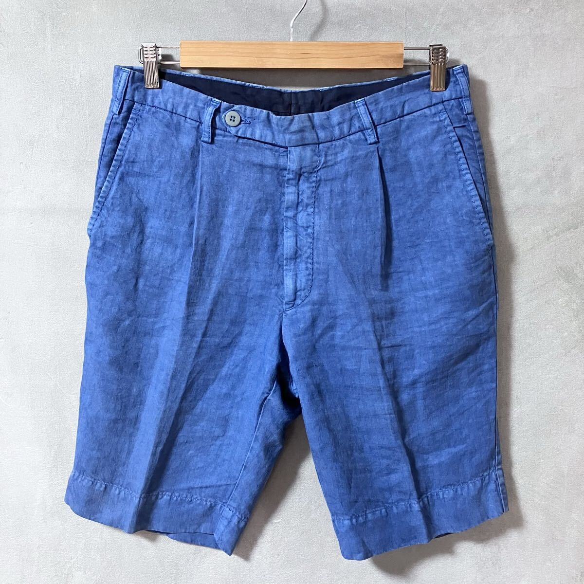Drake's ドレイクス リネン100% インディゴ ガーメントダイ 1タック ショート パンツ ショーツ size.17？ (M～L程度) ブルー フェード